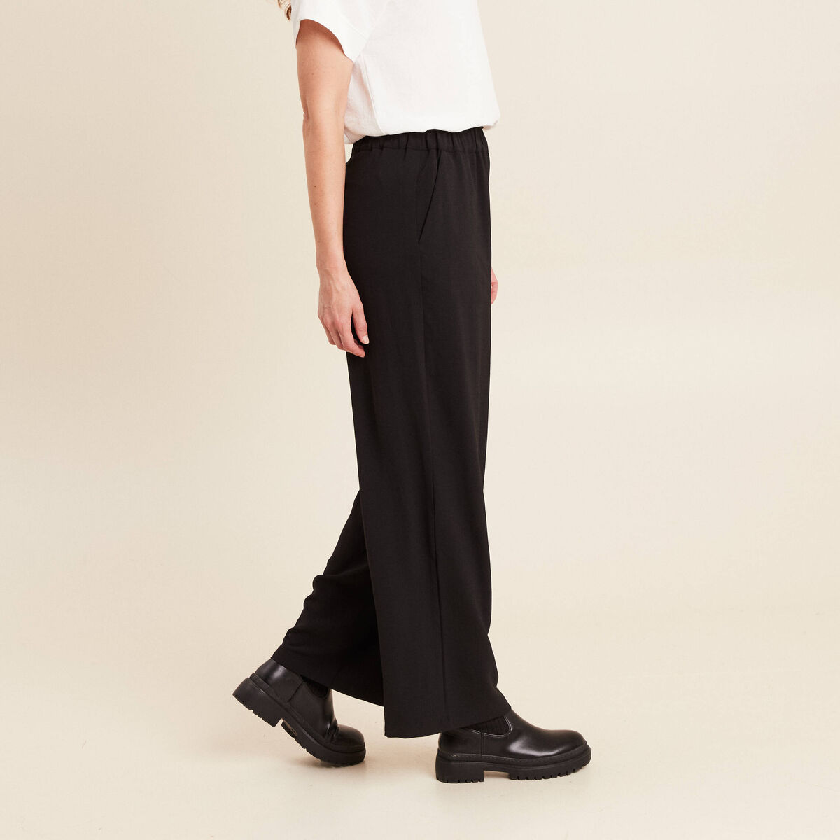 Pantalon large taille haute noir femme