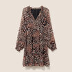 Robe courte &eacute;vas&eacute;e col v manches longues marron femme