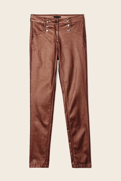 Pantalon ajusté enduit à pont camel femme