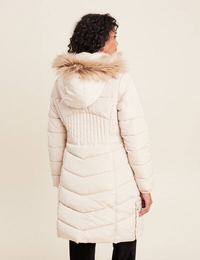 Doudoune déperlante longue à capuche beige femme