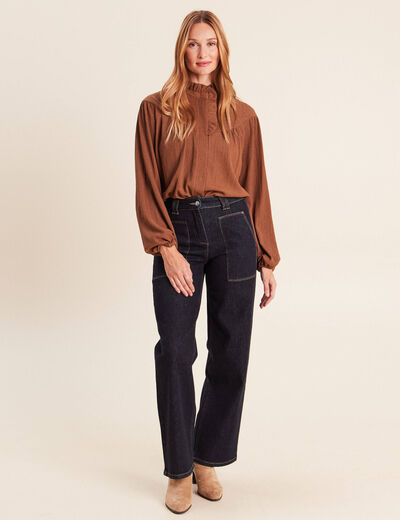 Blouse droite pliss&eacute;e col montant marron fonc&eacute; femme