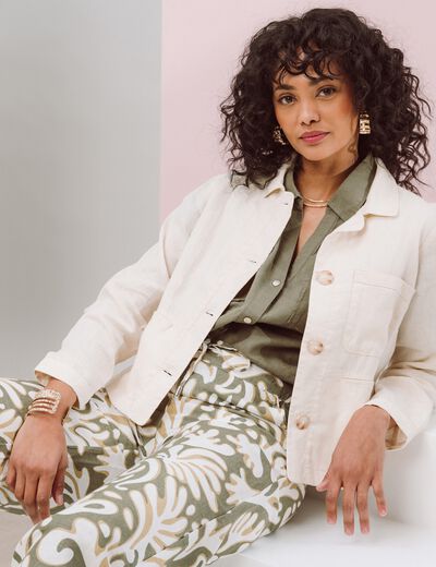 Veste courte droite manches longues beige femme