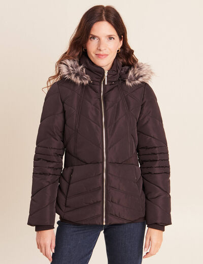 Doudoune cintr&eacute;e capuche manches longues marron fonc&eacute; femme