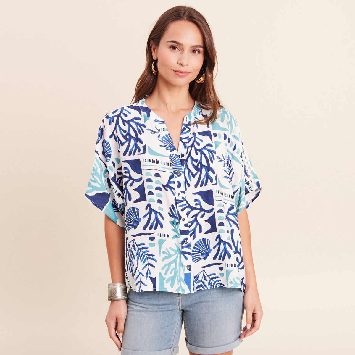 Chemise ample manches courtes fluide bleu femme