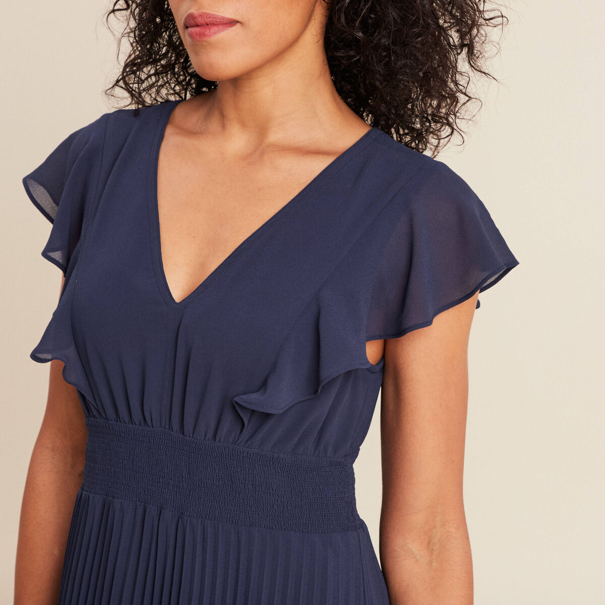 Robe longue &eacute;vas&eacute;e &agrave; volants bleu marine femme