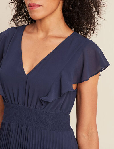 Robe longue évasée à volants bleu marine femme