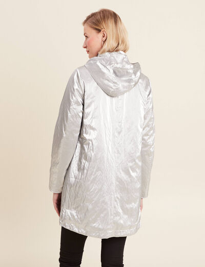 Parka métallisée à capuche gris argent femme