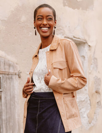Veste droite longue aspect daim marron clair femme