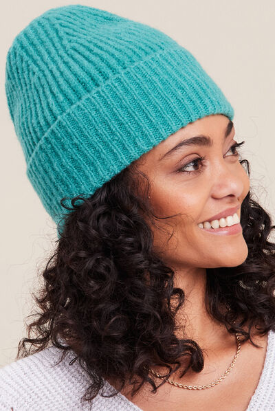 Bonnet tricoté bleu canard femme