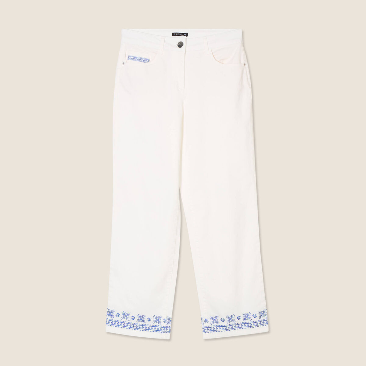 Jean droit brodé blanc femme