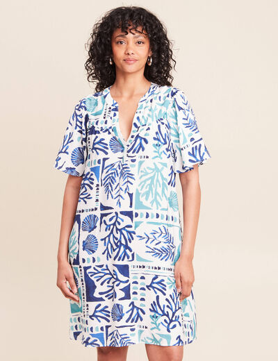 Robe droite courte col tunisien bleu femme