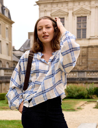 Chemise ample col rond manches longues bleu femme