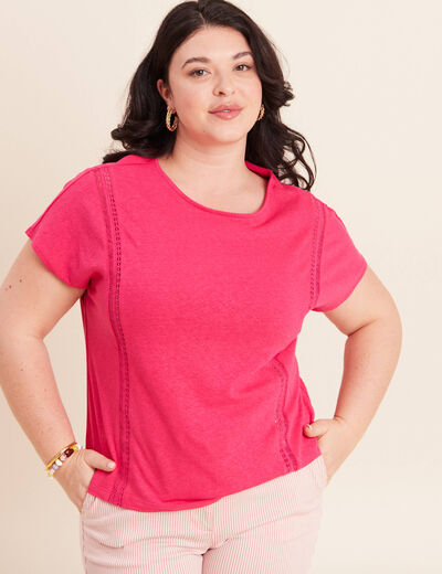 T-shirt col rond macram&eacute; manches courtes rose fushia femme