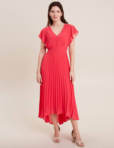 Robe longue évasée plissée rose cerise femme