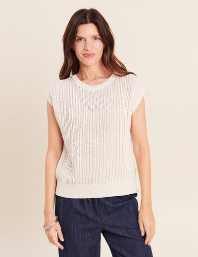 Pull ajour&eacute; col rond ecru femme