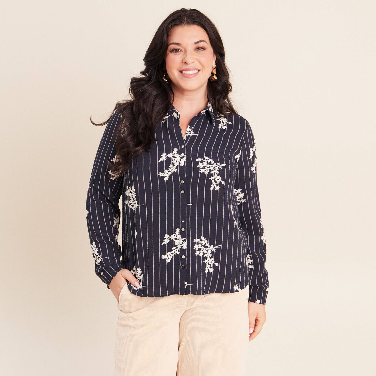 Chemisier droit manches longues fluide bleu marine femme