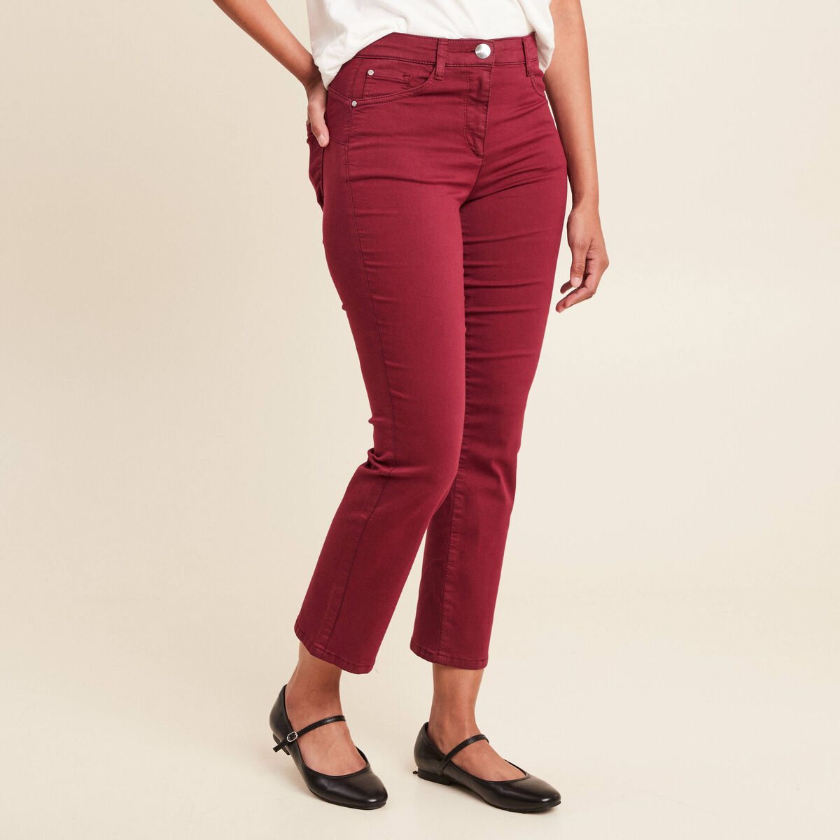 Pantalon droit taille haute 7/8ème bordeaux femme