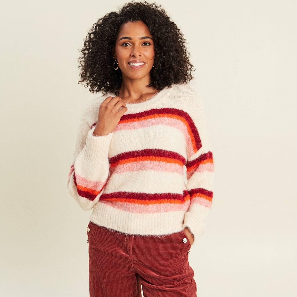 Pull col rond orange femme