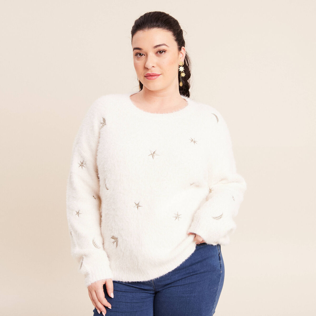 Pull brod&eacute; manches longues ecru femme