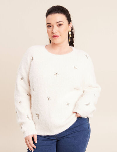Pull brod&eacute; manches longues ecru femme