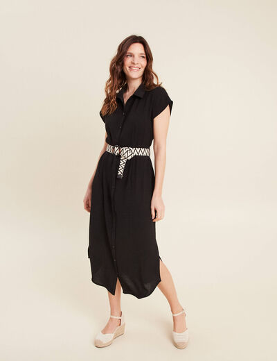 Robe chemise droite ceinturée noir femme