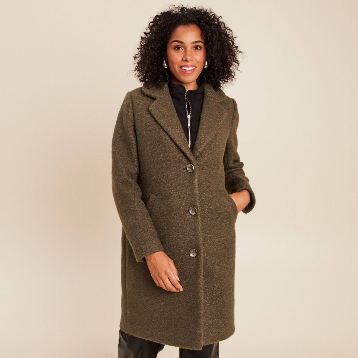 Manteau 3 en 1 col montant doubl&eacute; vert kaki femme