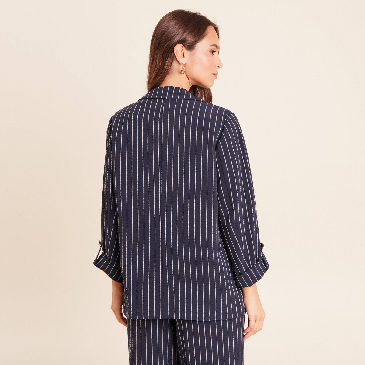 Veste droite longue manches 3/4 doubl&eacute;e bleu fonc&eacute; femme