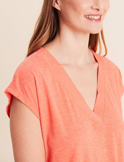 T-shirt col v manches courtes orange fluo femme