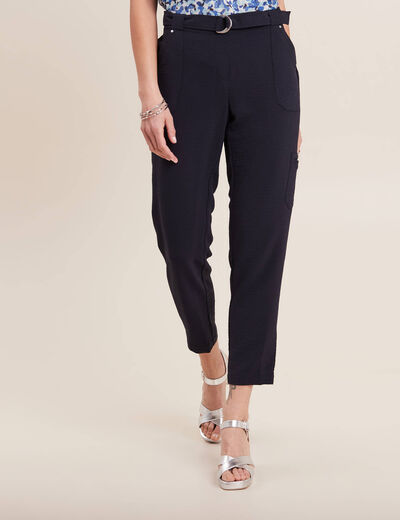 Pantalon flou ceinturé bleu foncé femme