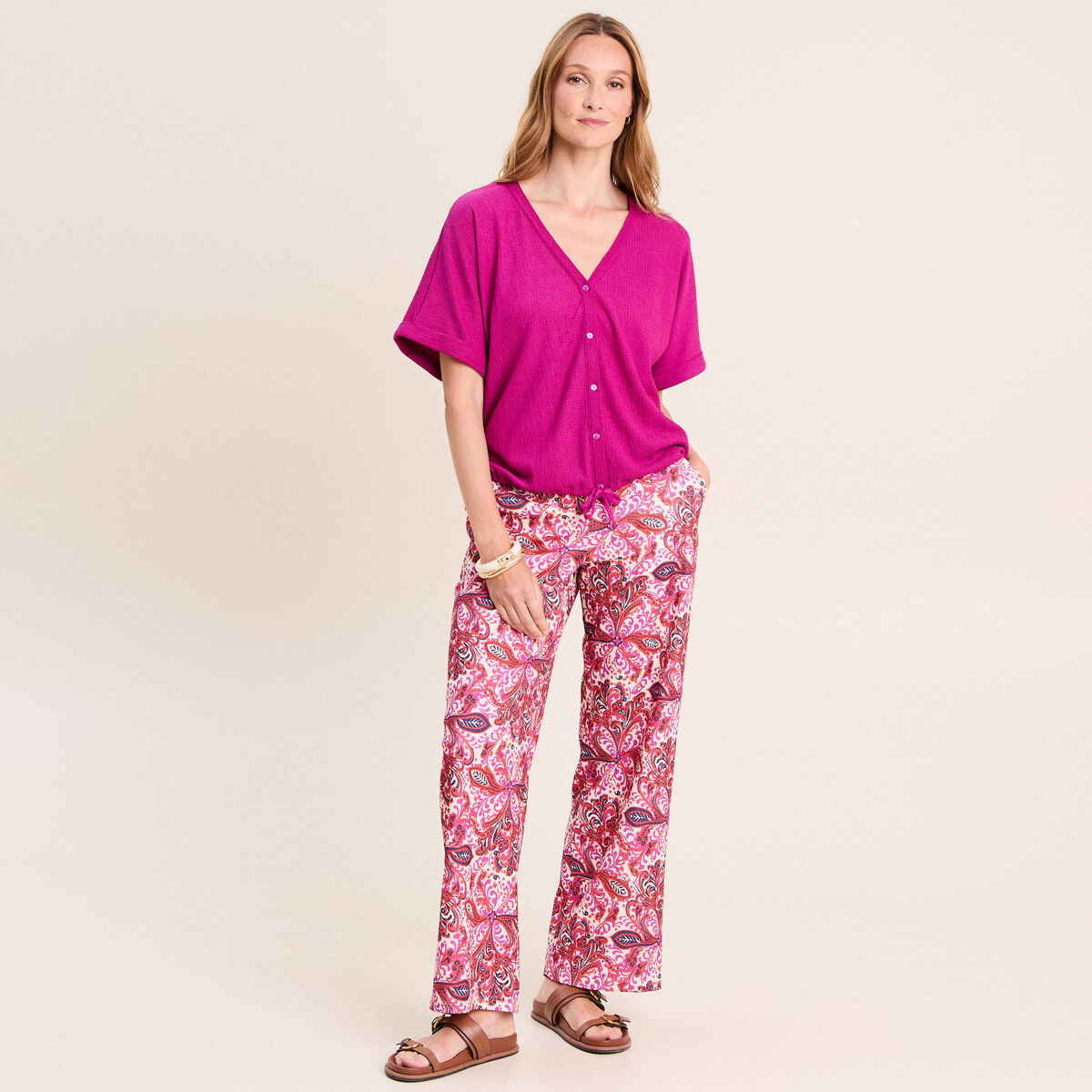 Pantalon large taille haute rose corail femme