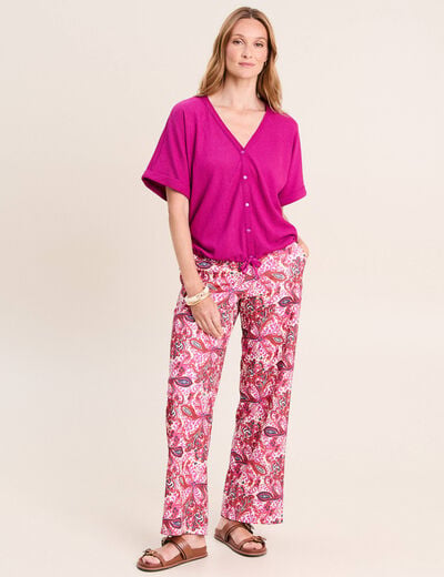 Pantalon large taille haute rose corail femme