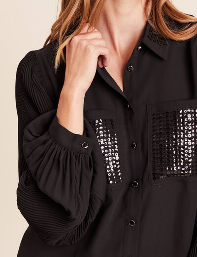 Chemise fluide &agrave; sequins manches longues noir femme