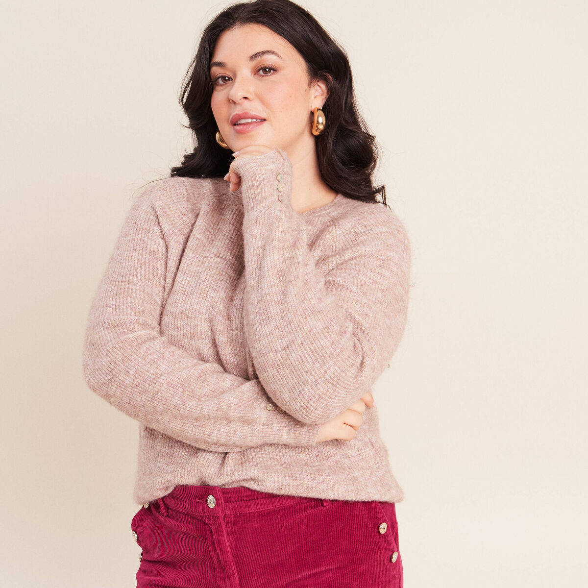 Pull col rond beige femme