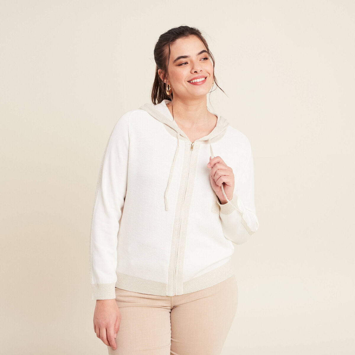 Sweat &agrave; capuche zipp&eacute; ecru femme