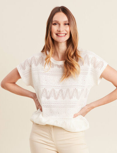 T-shirt manches courtes ajouré ecru femme