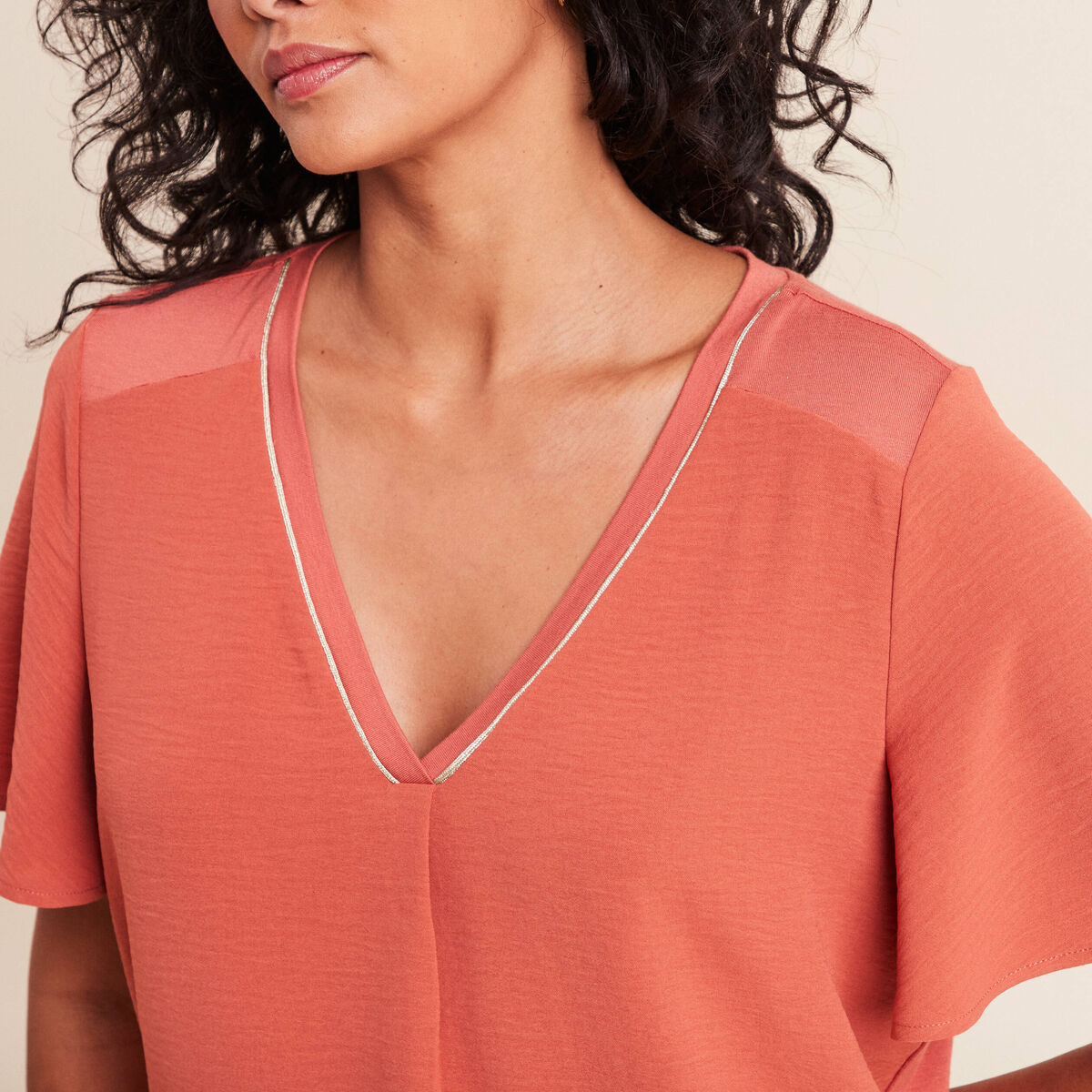 T-shirt bi-mati&egrave;re manches courtes vieux rose femme