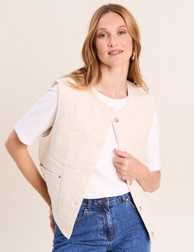 Gilet sans manches doubl&eacute; coton ecru femme