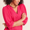 Blouse ample col tunisien manches 3/4 rose fushia femme