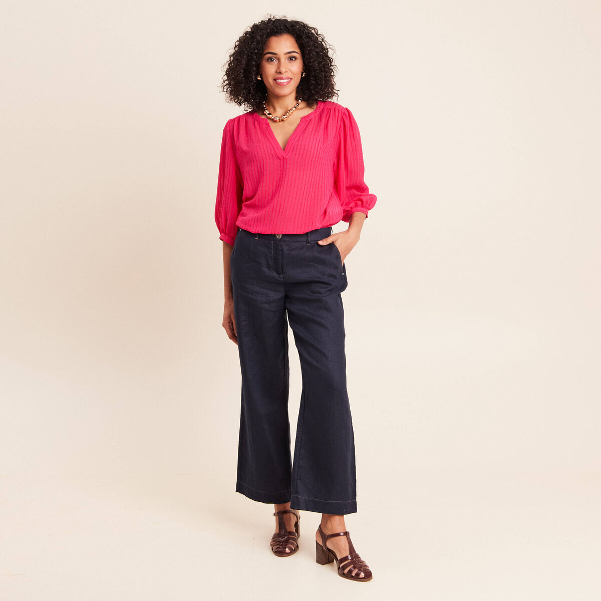 Pantalon large taille standard bleu fonc&eacute; femme