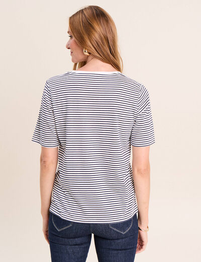 T-shirt droit broderie manches courtes bleu femme