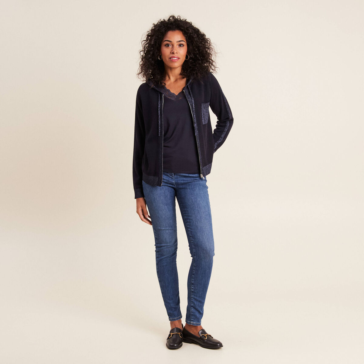 Gilet &agrave; capuche zipp&eacute; bleu fonc&eacute; femme