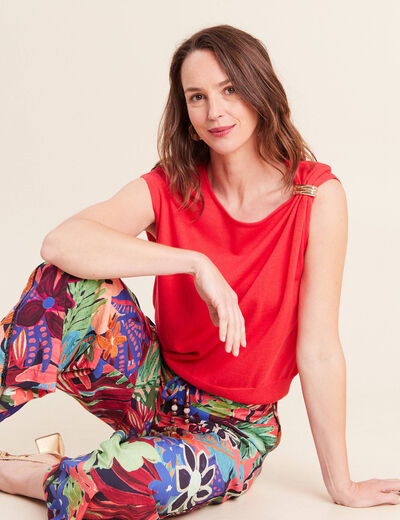 Pull sans manches col rond rouge femme