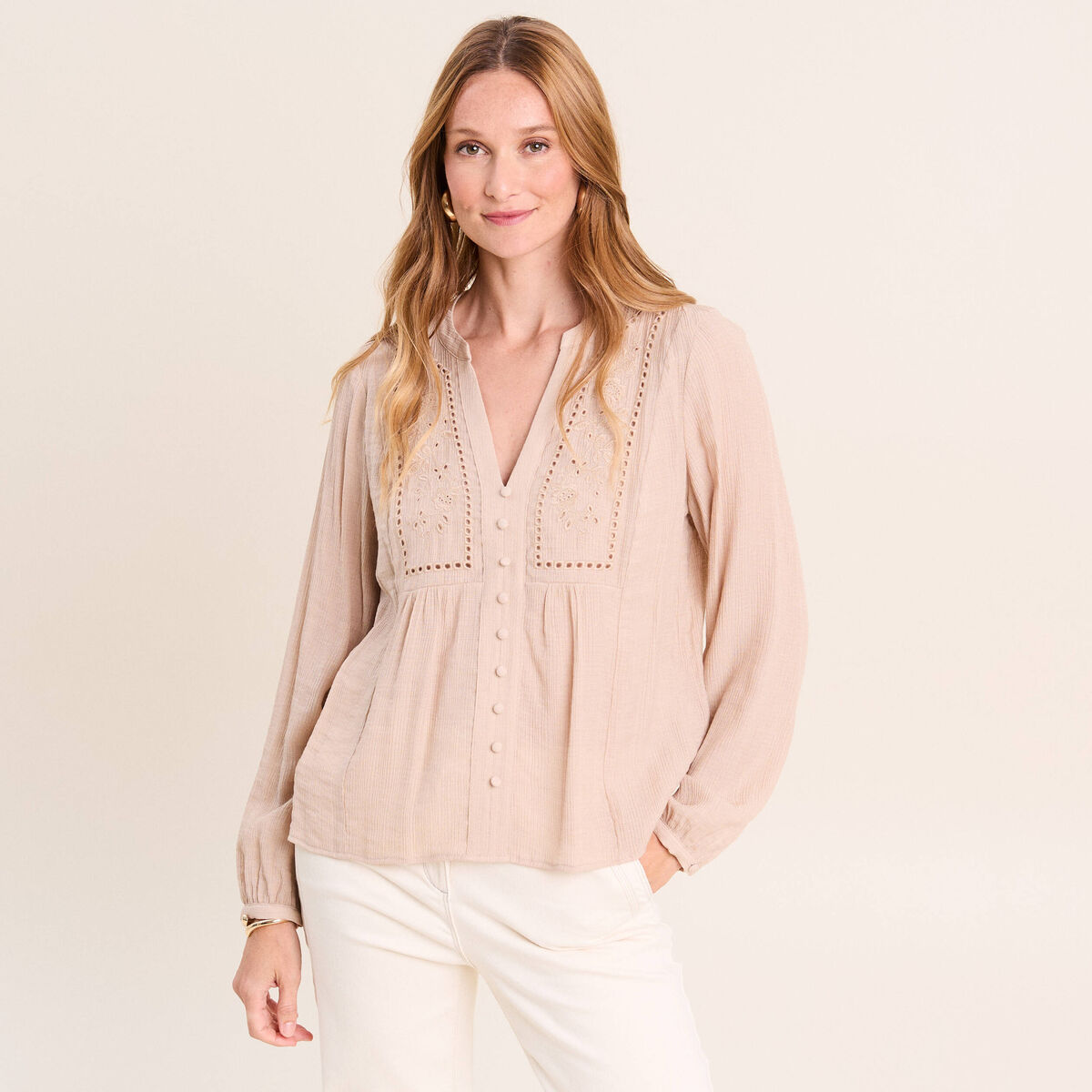 Chemise ample courte avec broderie sable femme