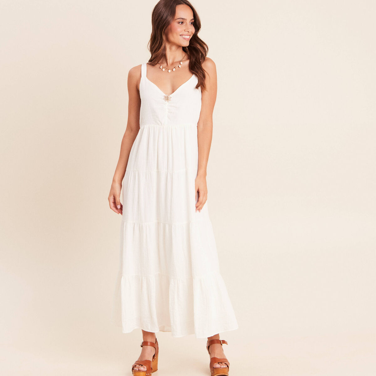 Robe longue &eacute;vas&eacute;e &agrave; fines bretelles ecru femme