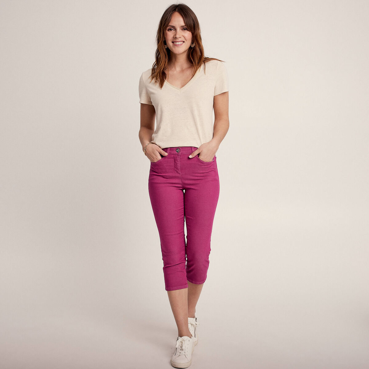 Pantacourt droit taille standard rose fushia femme