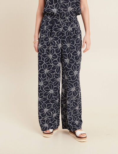 Pantalon large taille haute bleu foncé femme
