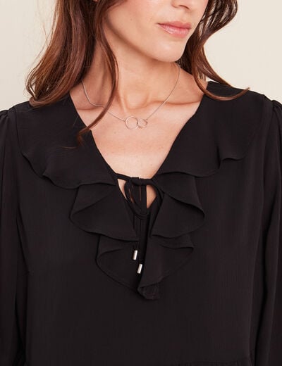 Robe courte &eacute;vas&eacute;e col v manches longues noir femme
