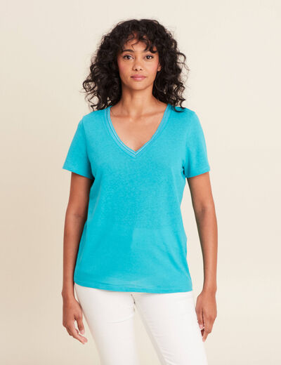 T-shirt manches courtes col en V vert turquoise femme