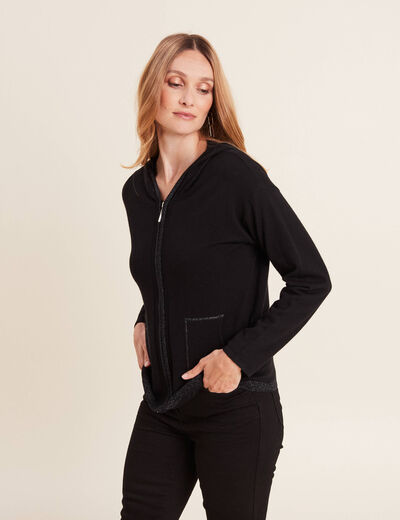 Gilet manches longues à capuche noir femme