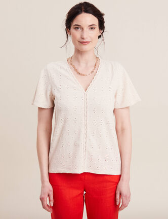 Blouse manches courtes brodée ivoire femme